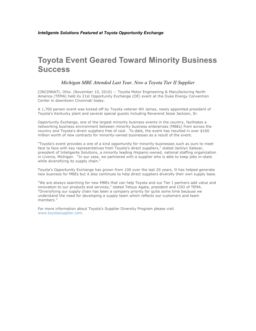 Inteligente Solutions Featured at Toyota Opportunity Exchange