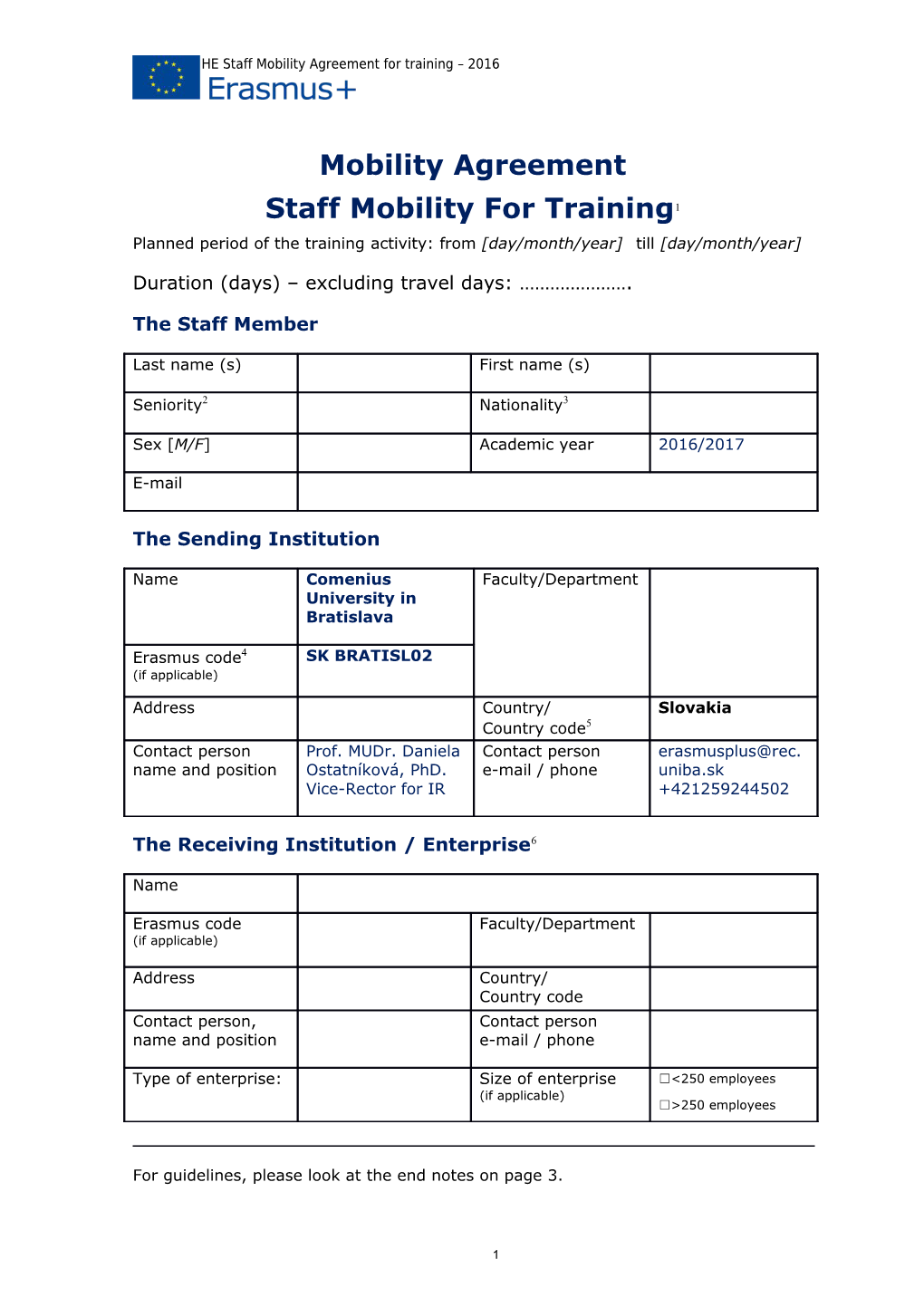 Erasmus+ HE Staff Mobility Agreement for Training 2016