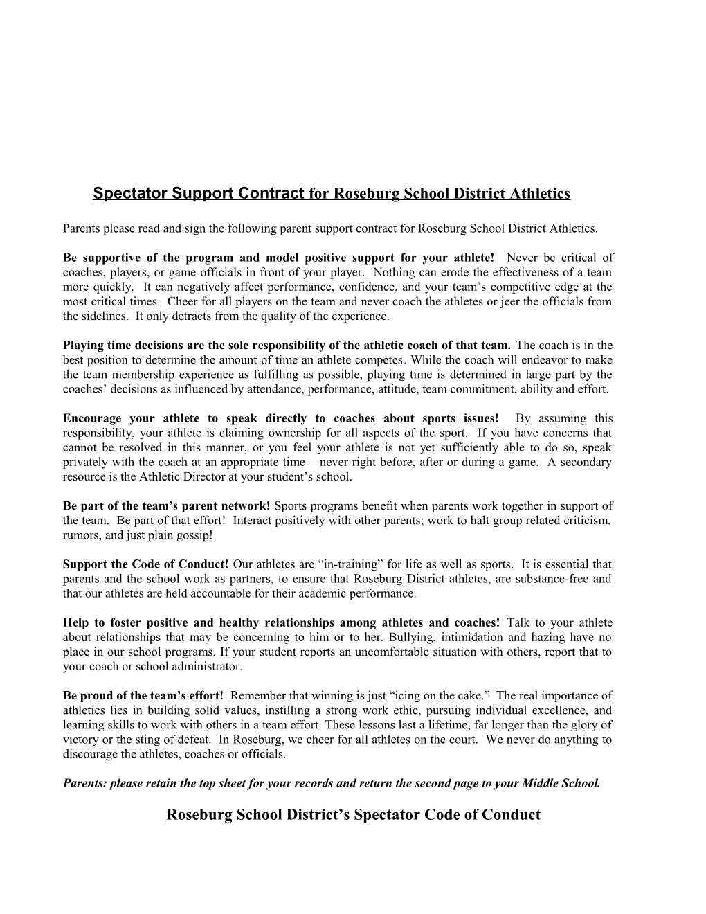 Spectator Support Contract for Roseburg School District Athletics