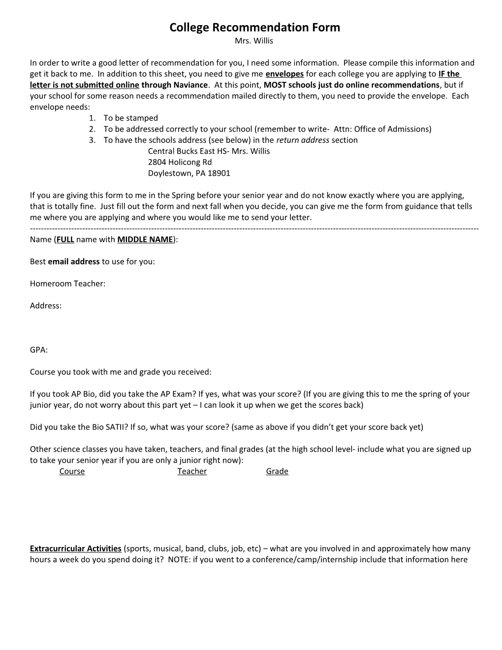 College Recommendation Form