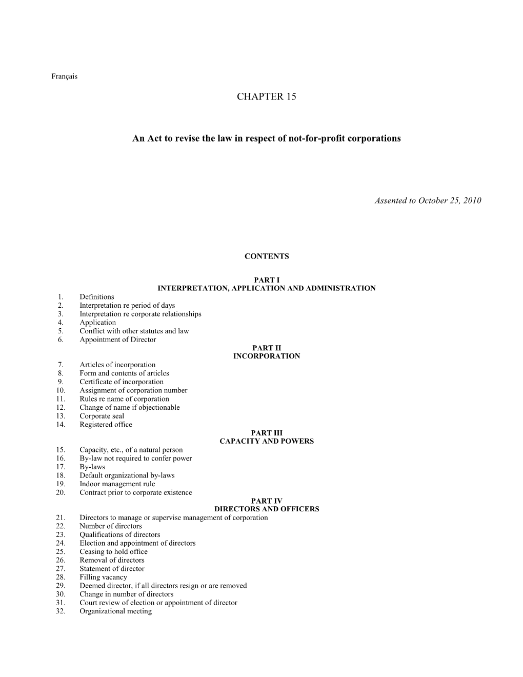 Not-For-Profit Corporations Act, 2010, S.O. 2010, C. 15 - Bill 65