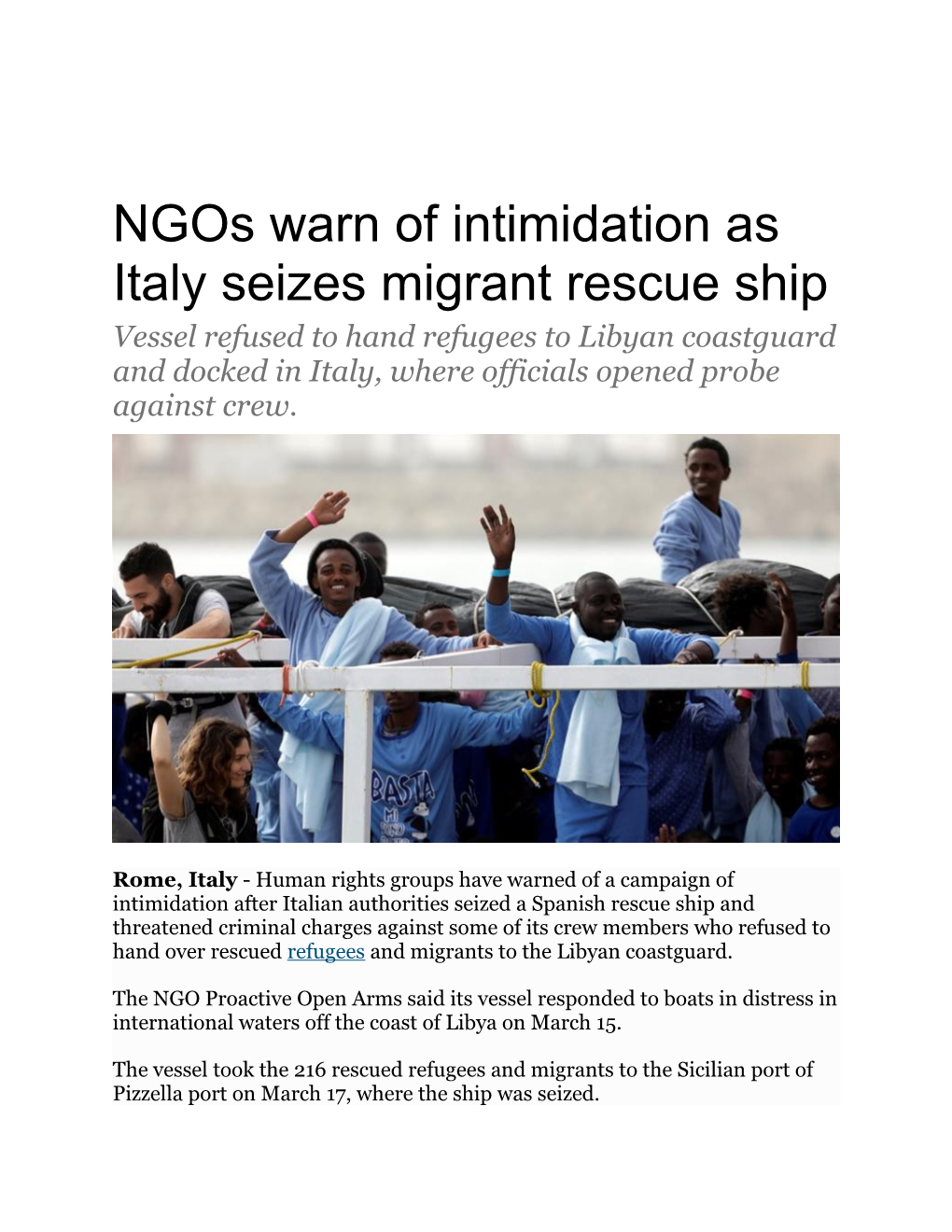 Ngos Warn of Intimidation As Italy Seizes Migrant Rescue Ship