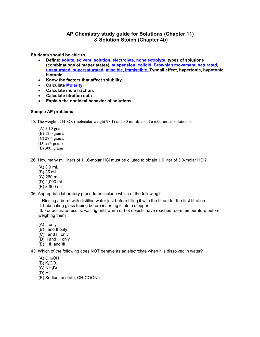 AP Chemistry Study Guide for Solutions (Chapter 11)