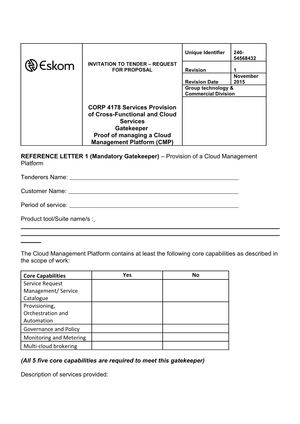 REFERENCE LETTER 1 Provision of Cross Functional and Cloud Services