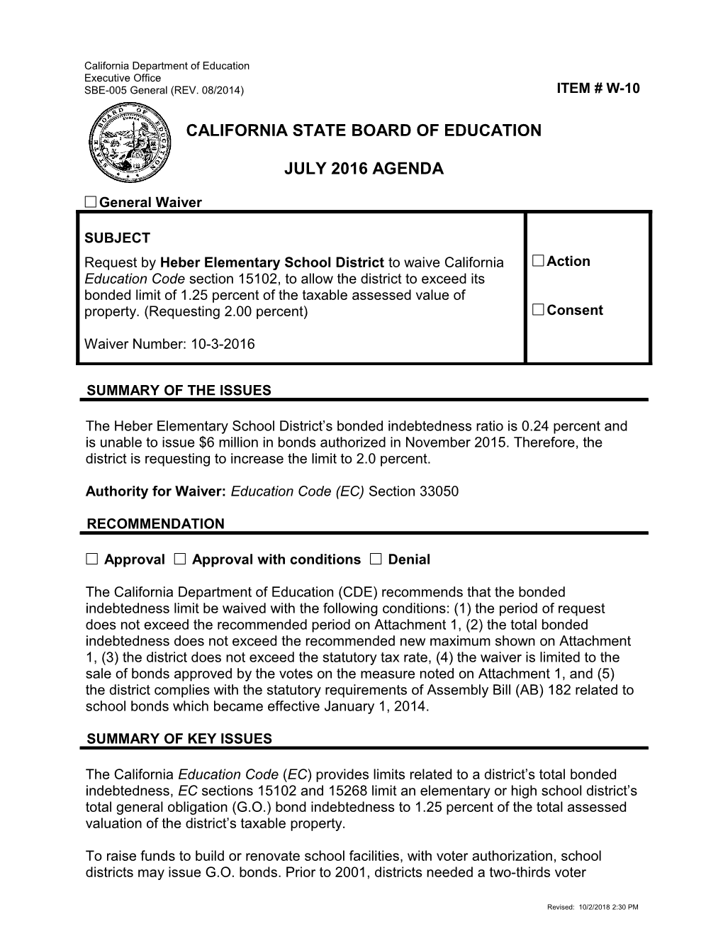 July 2016 Waiver Item W-10 - Meeting Agendas (CA State Board of Education)