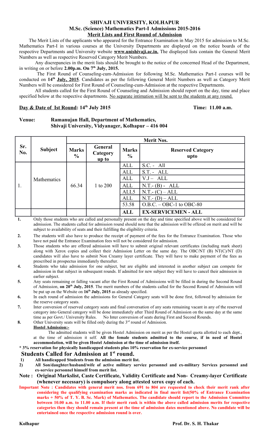 M.Sc. (Science) Mathematics Part-I Admissions 2015-2016