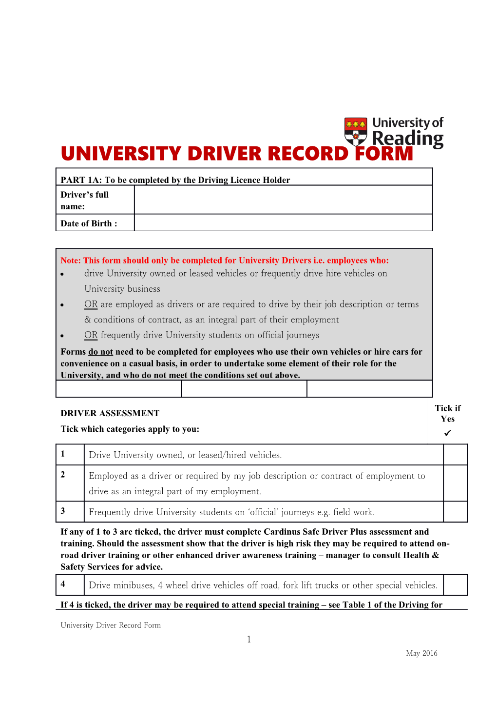 University Driver Record Form