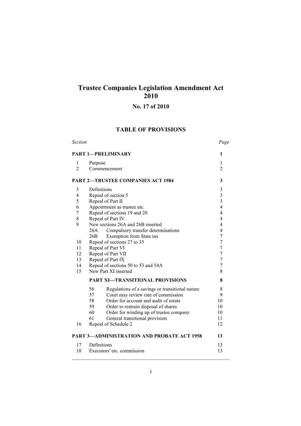 Trustee Companies Legislation Amendment Act 2010