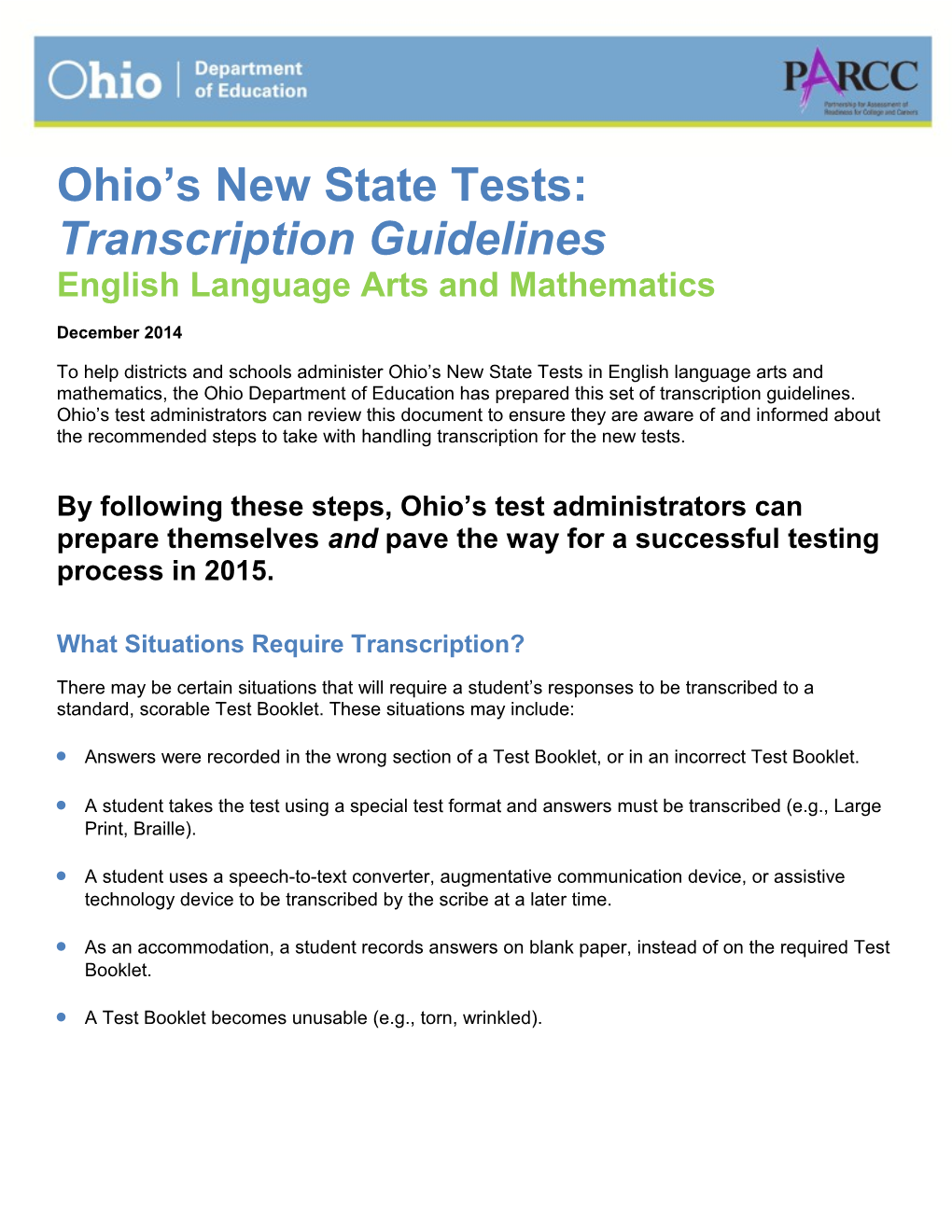 Ohio S New State Tests: Transcription Guidelines