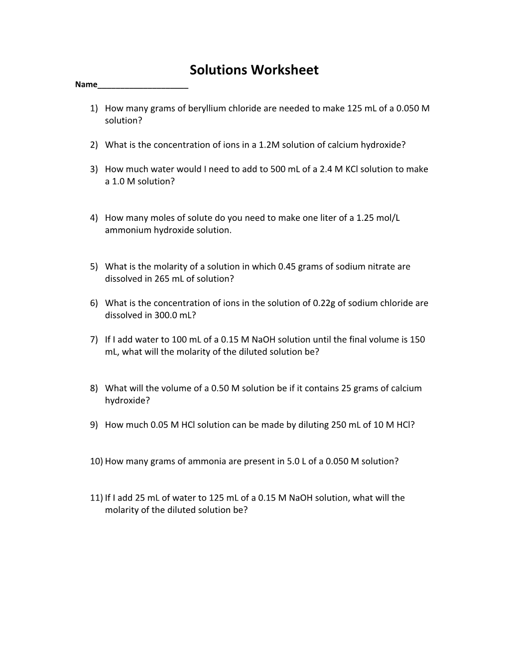 Concentration & Dilution Worksheet