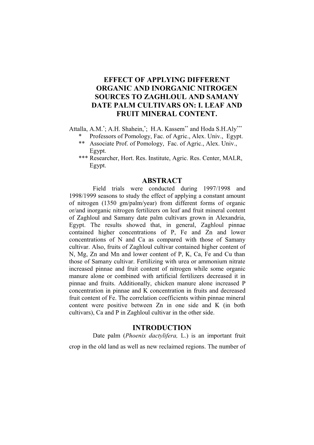 Effect of Applying Different Organic and Inorganic Nitrogen Sources to Zaghloul and Samany