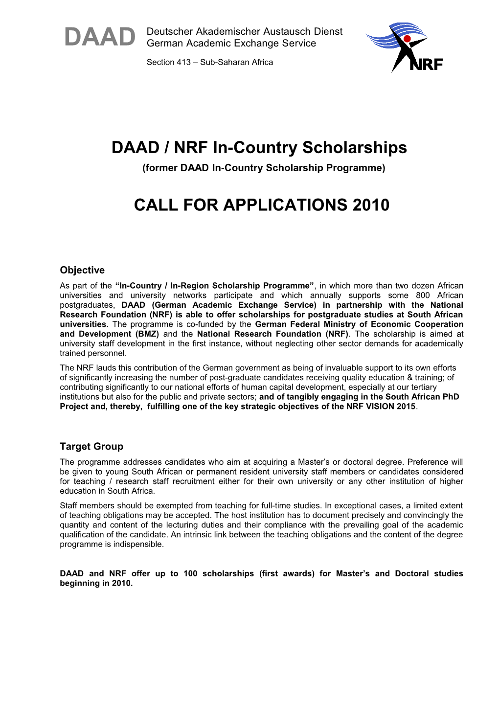 DAAD / NRF In-Country Scholarships