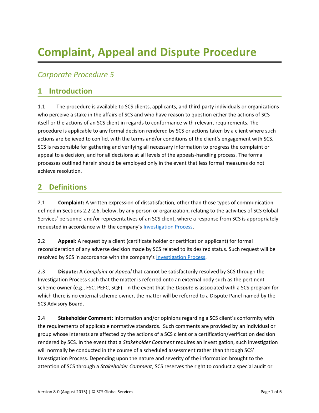 Complaint, Appeal and Dispute Procedure