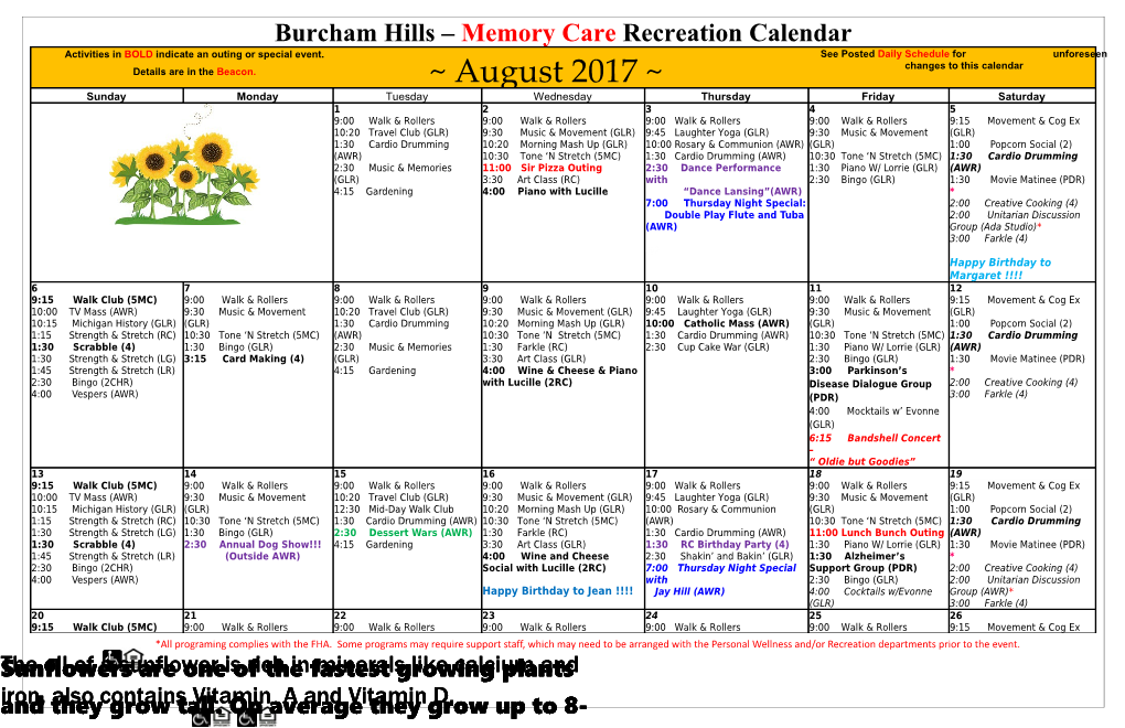 Burcham Hills Memory Care Recreation Calendar