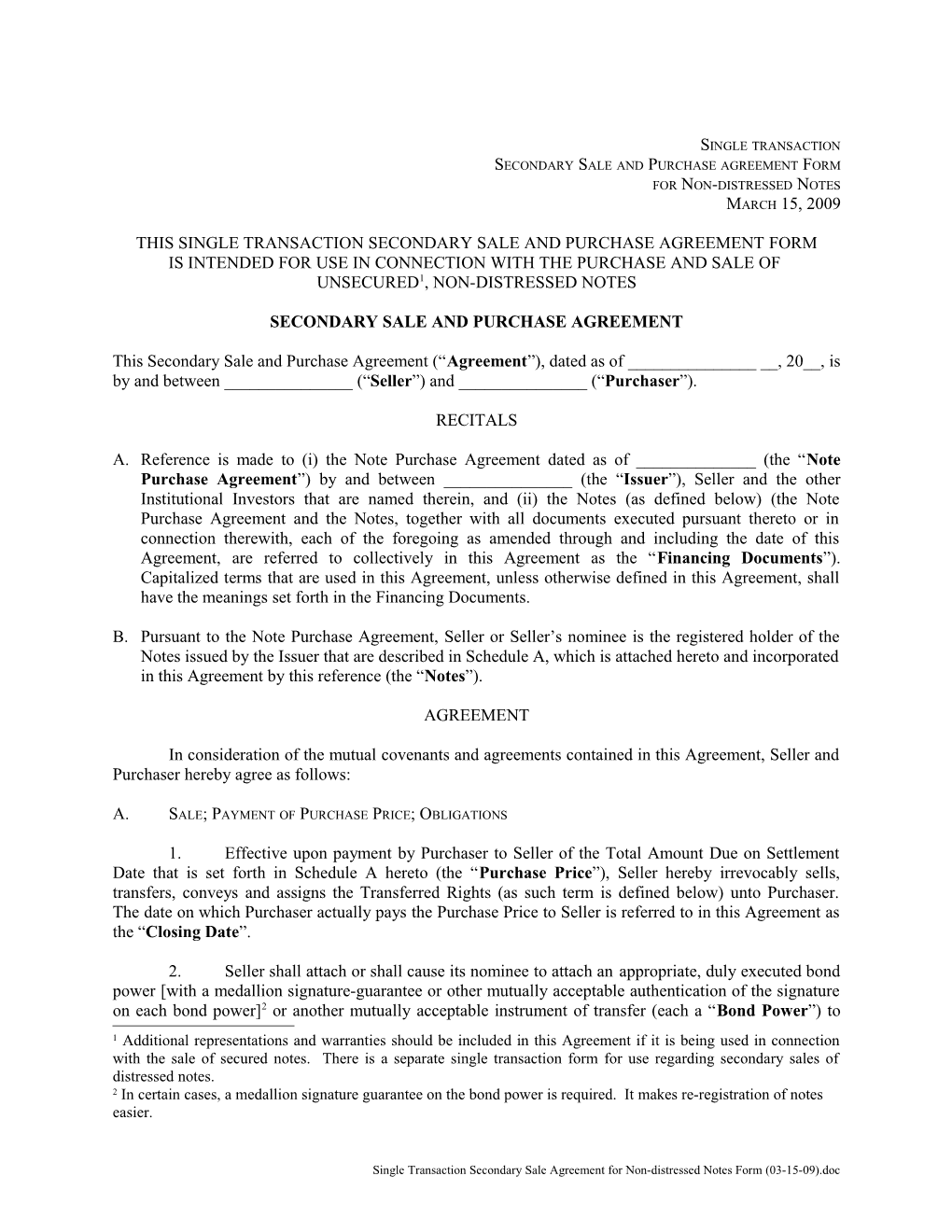 Secondary Sale and Purchase Agreement Form