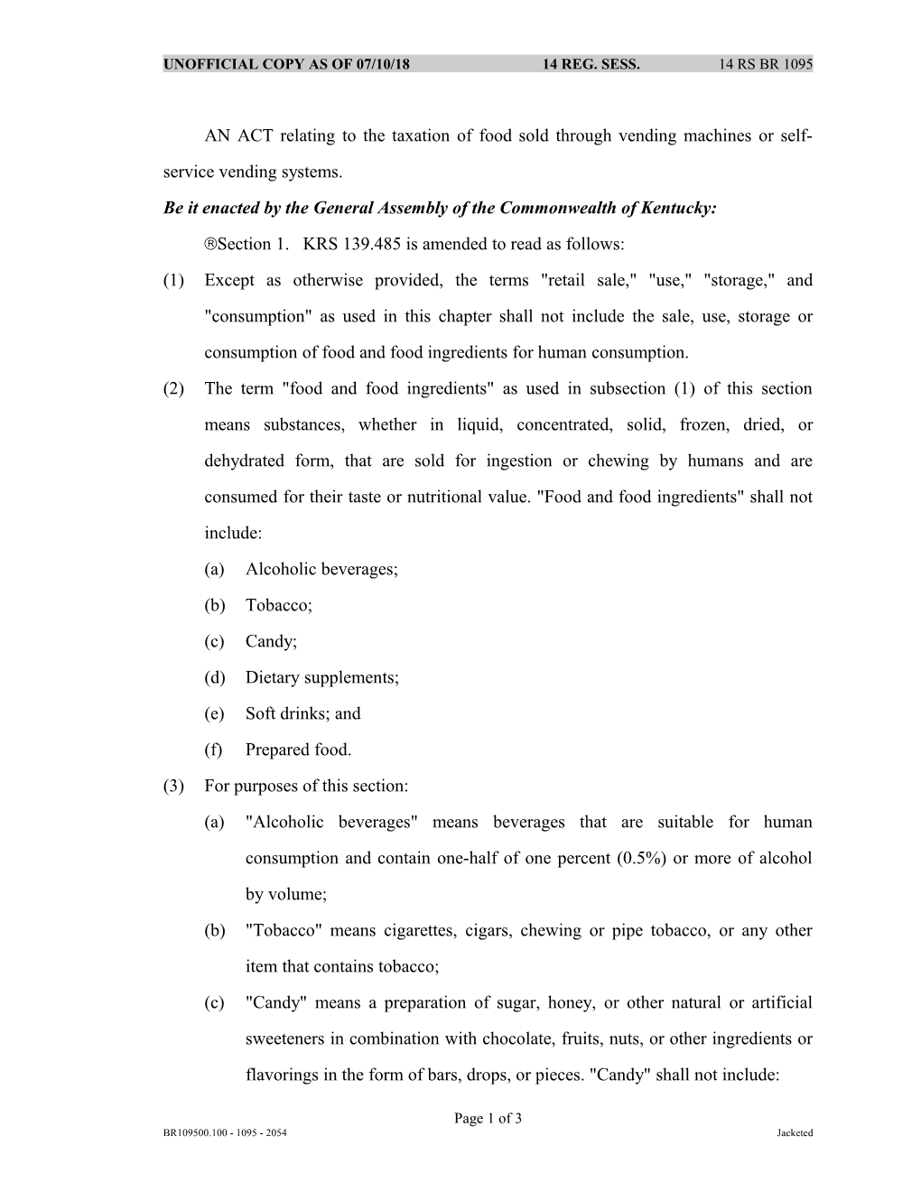 AN ACT Relating to the Taxation of Food Sold Through Vending Machines Or Self-Service Vending