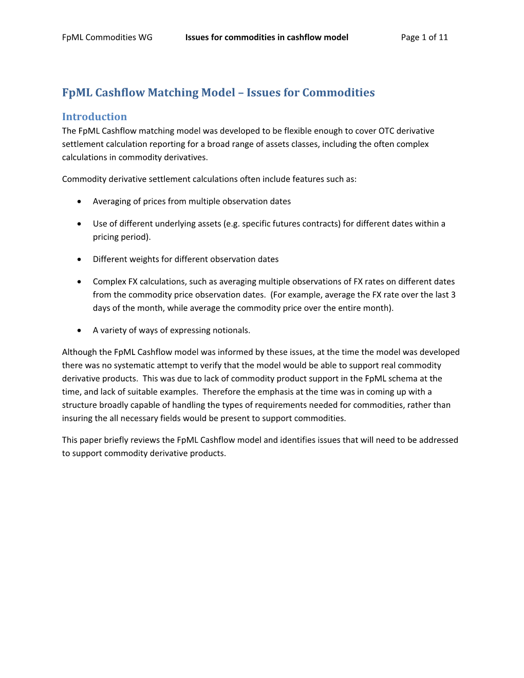 Fpml Cashflow Matching Model Issues for Commodities