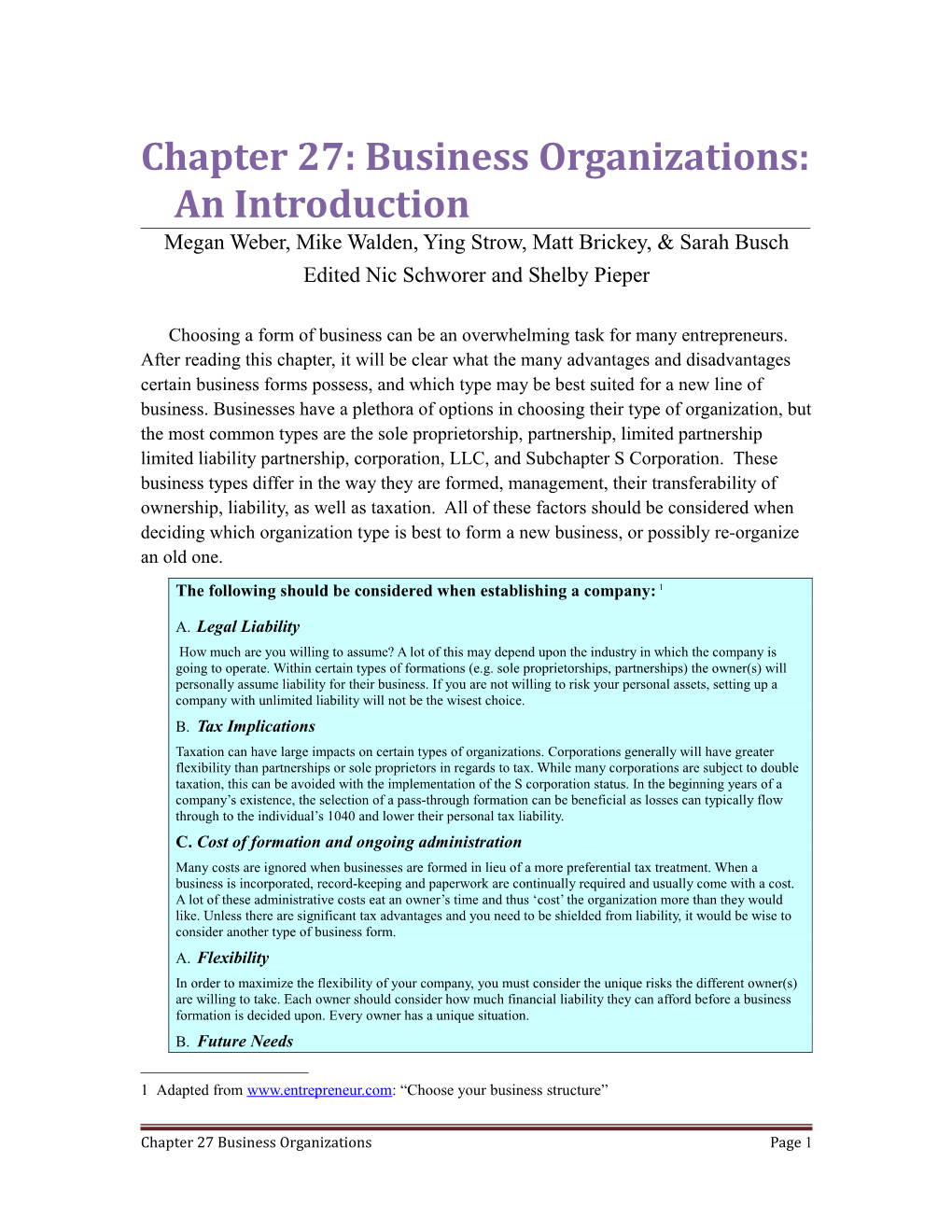 Chapter 27: Business Organizations: an Introduction