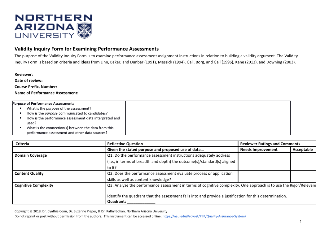 Validity Inquiry Form for Examining Performance Assessments