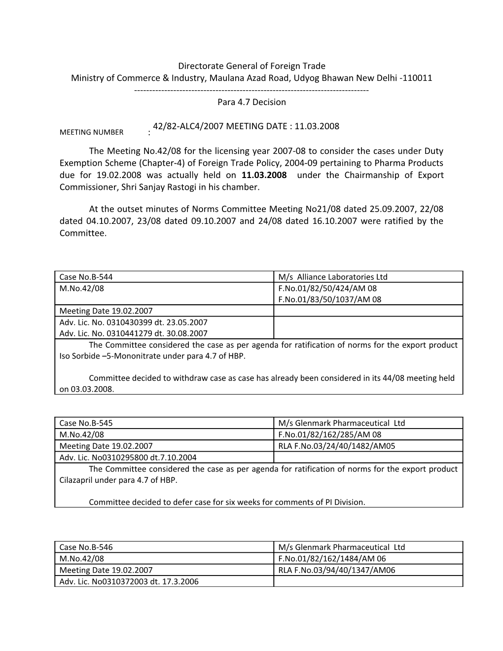 The Meeting No.42/08 for the Licensing Year 2007-08 to Consider the Cases Under Duty Exemption