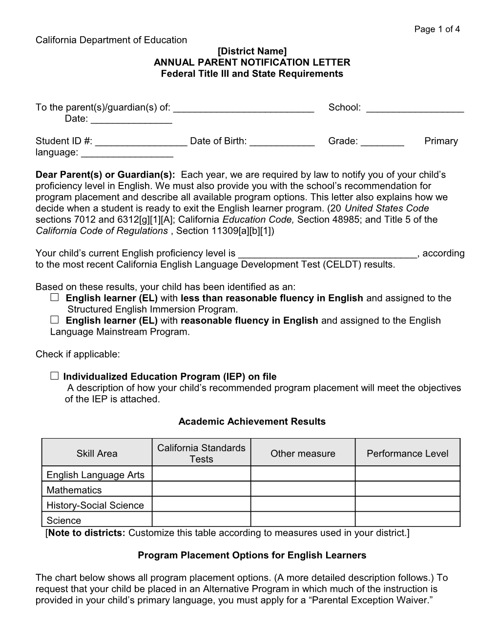 Annual Parent Notification Letter - Title III (CA Dept of Education)