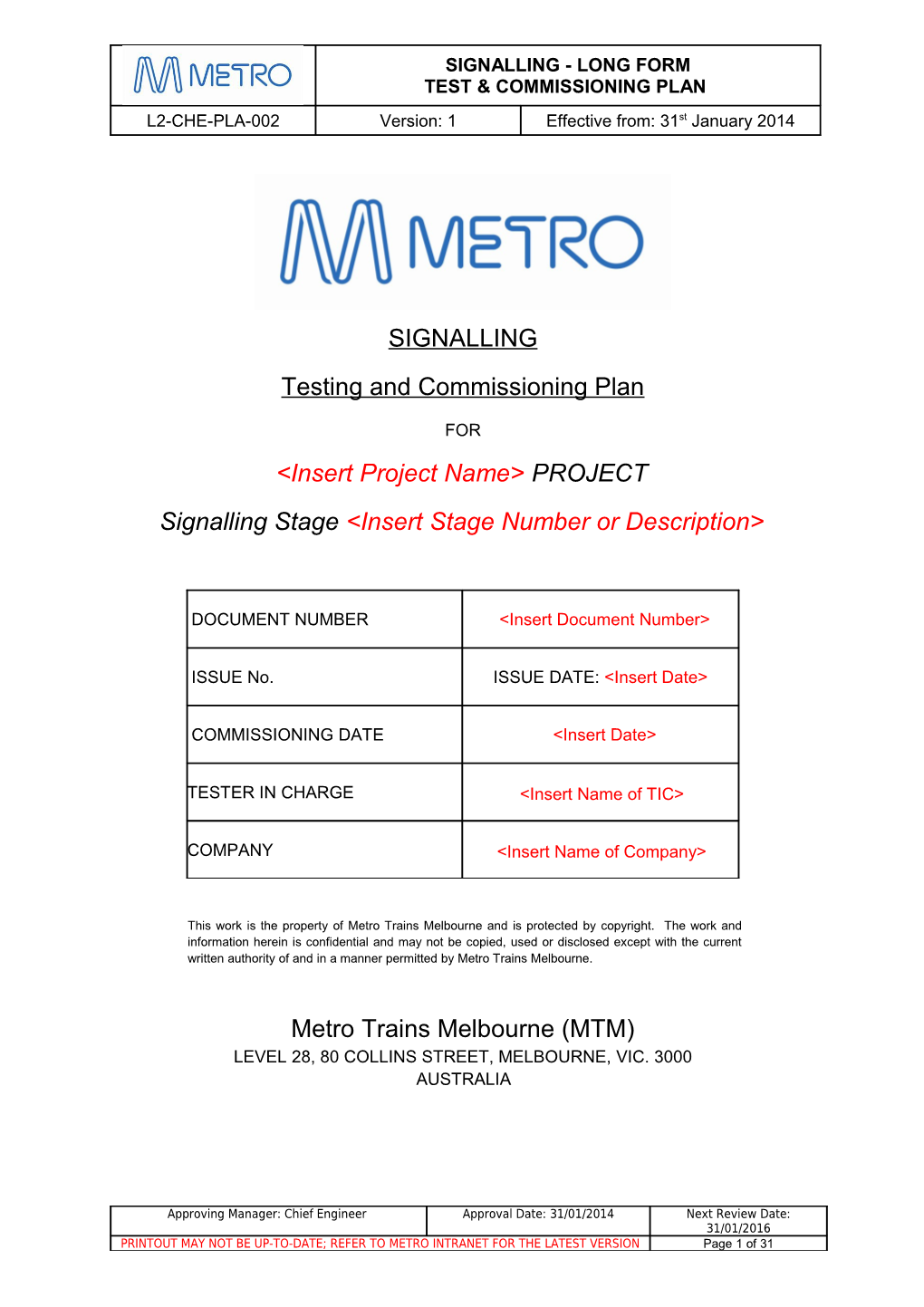 Signalling Long Form Test and Commissioning Plan (Template)