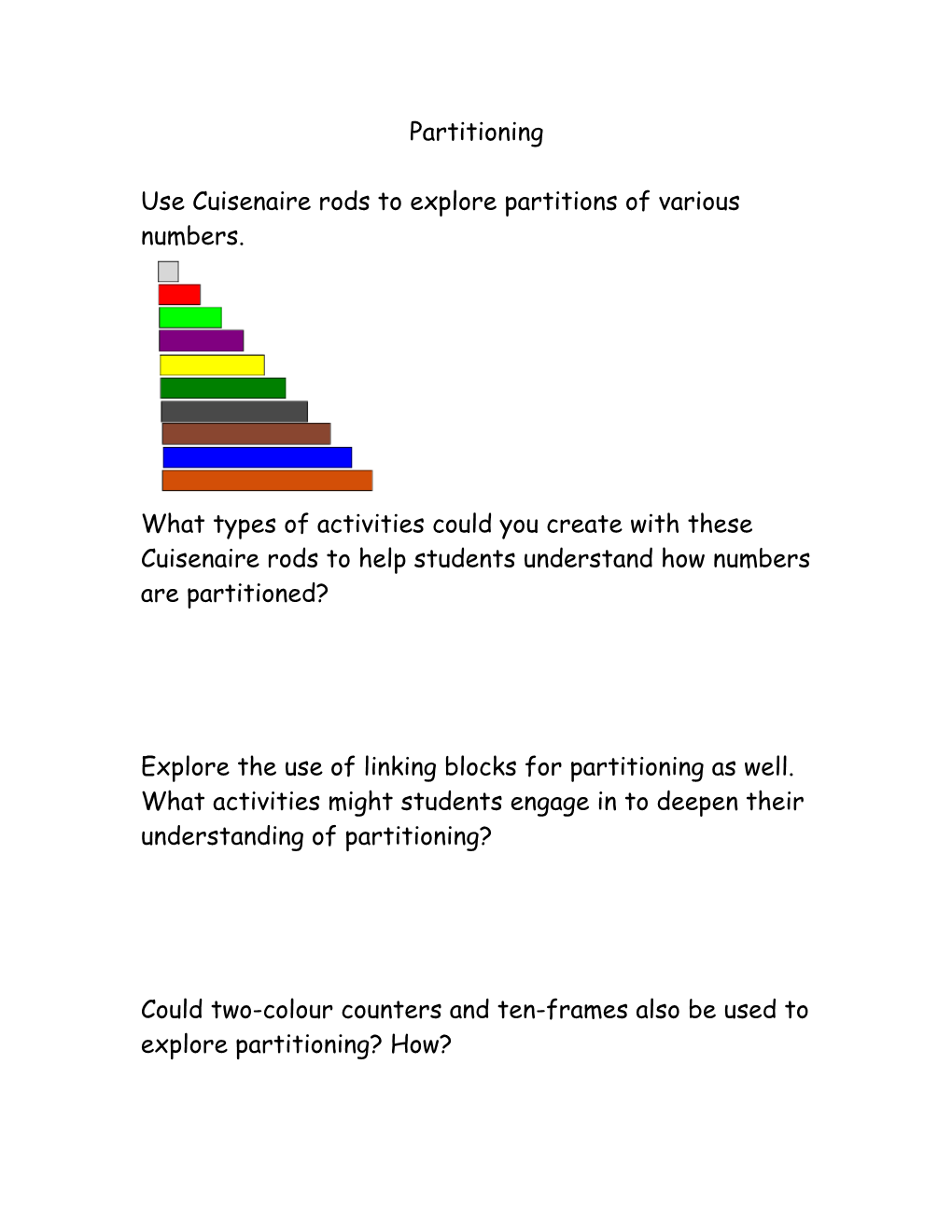 Use Cuisenaire Rods to Explore Partitions of Various Numbers