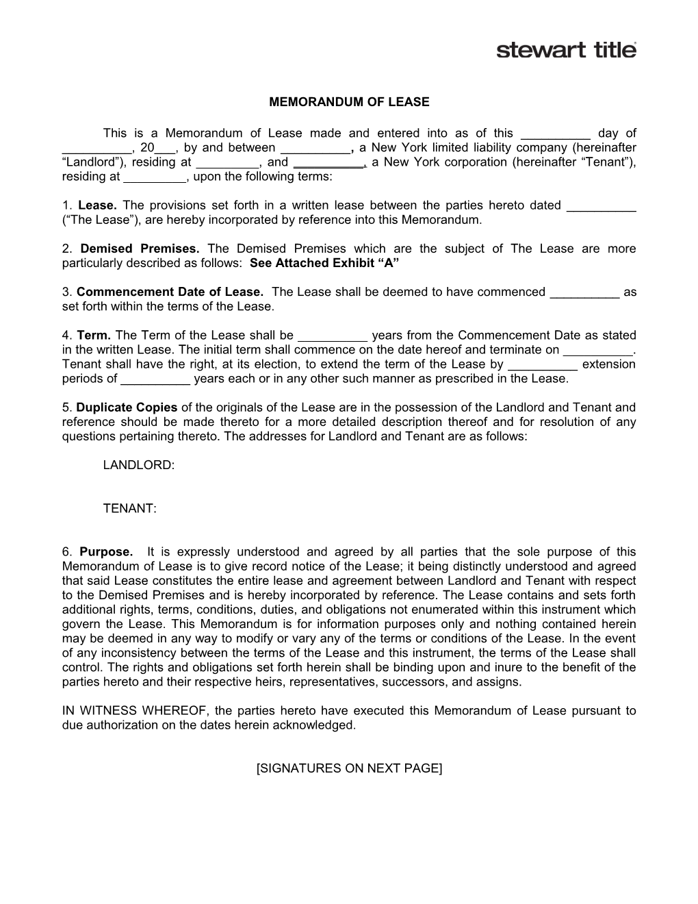 Memorandum of Lease