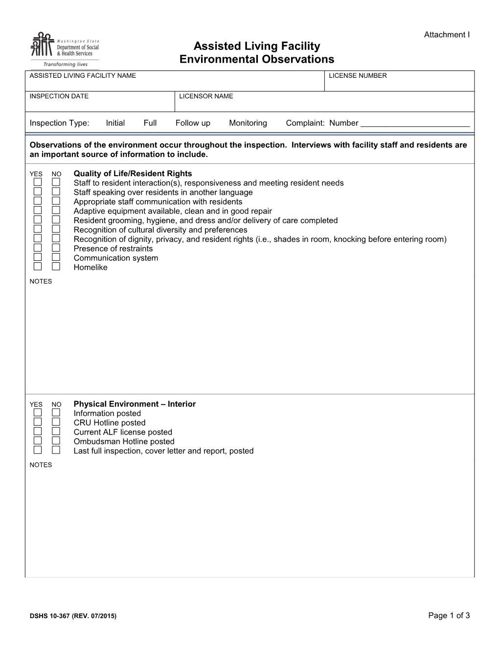 Assisted Living Facility Environmental Observations - Attachment I