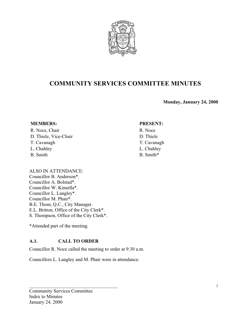 Minutes for Community Services Committee January 24, 2000 Meeting