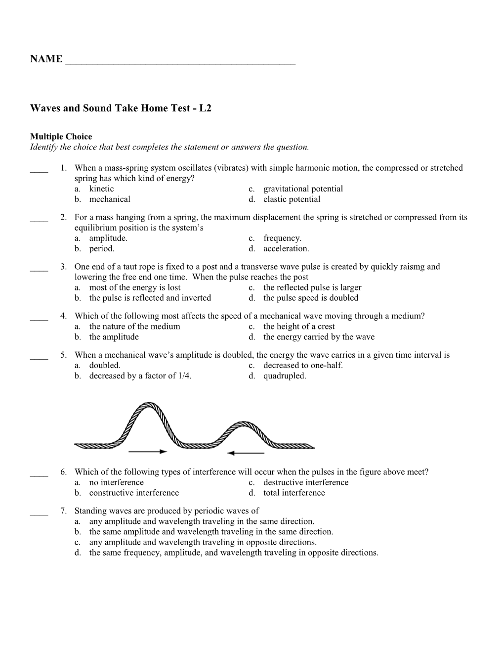 Waves and Sound Take Home Test - L2