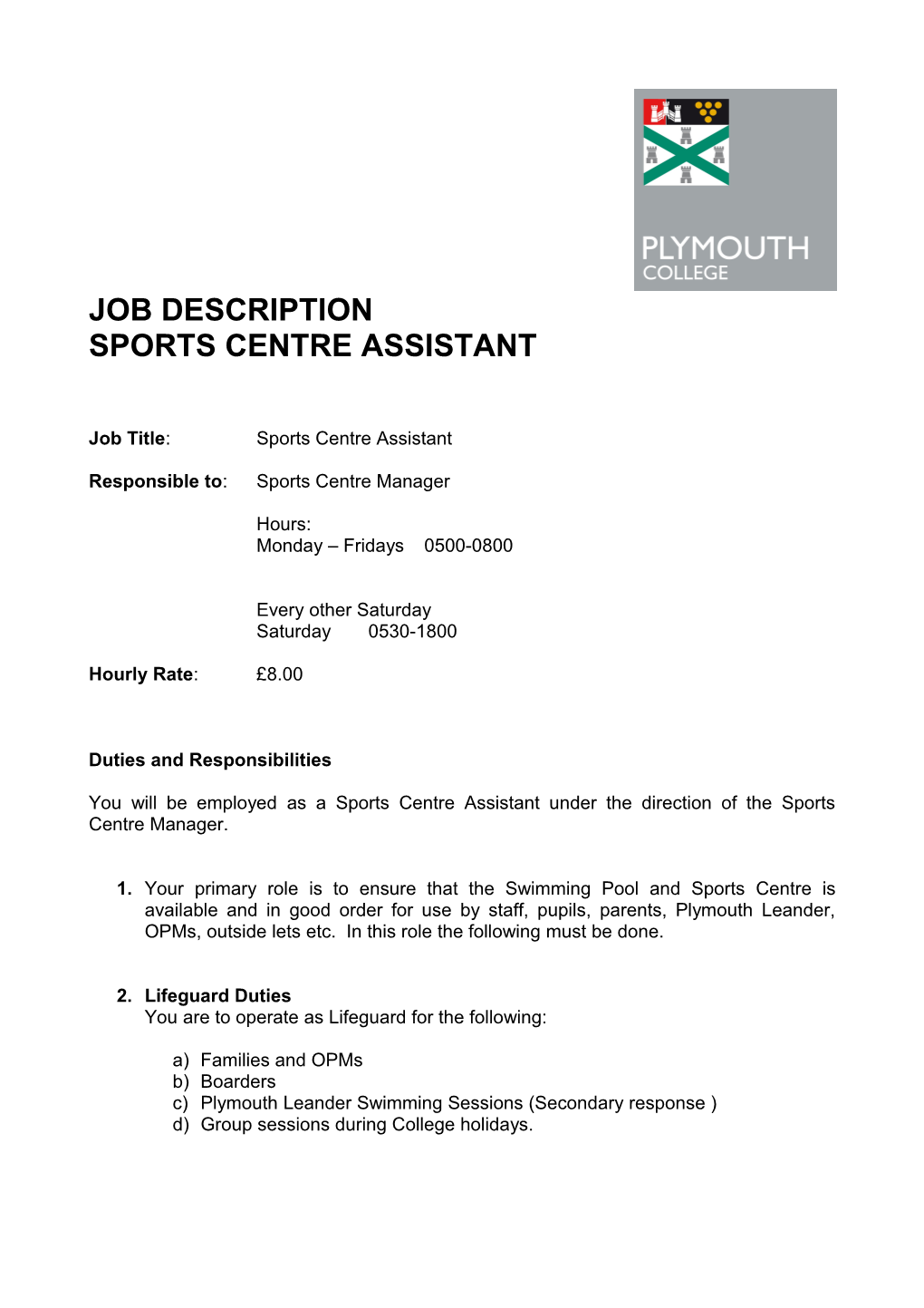Sports Centre Assistant