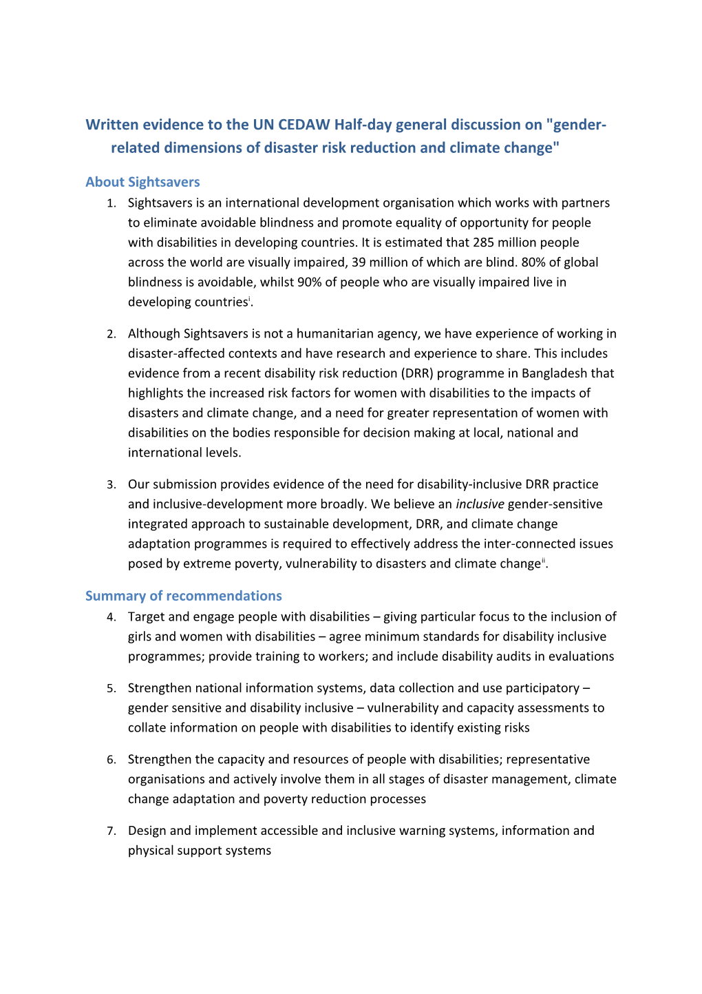 Written Evidence to the UN CEDAW Half-Day General Discussion on Gender-Related Dimensions