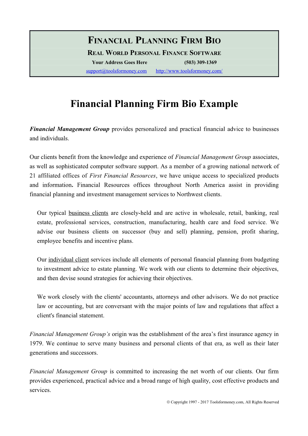 Financial Planning Firm Bio Example