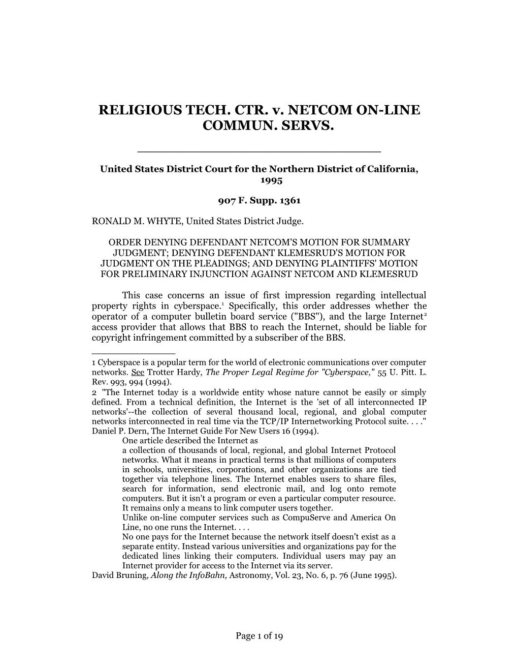 Religious Tech Ctr V. Netcom, 907 F. Supp. 1361 (1995)