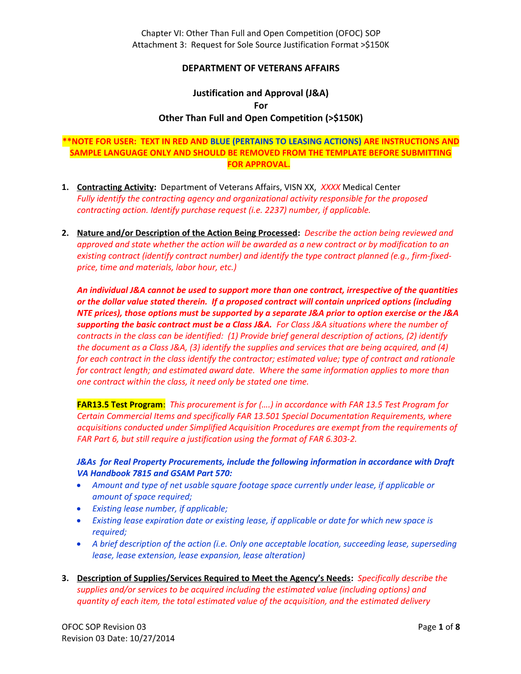 Chapter VI: Other Than Full and Open Competition (OFOC) SOP