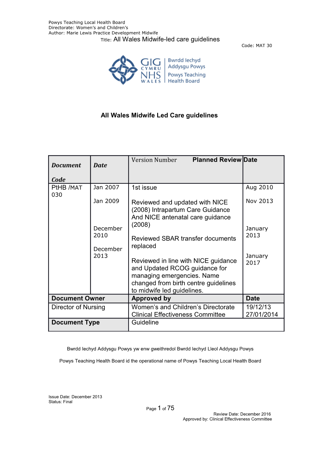 All Wales Midwife Led Care Guidelines