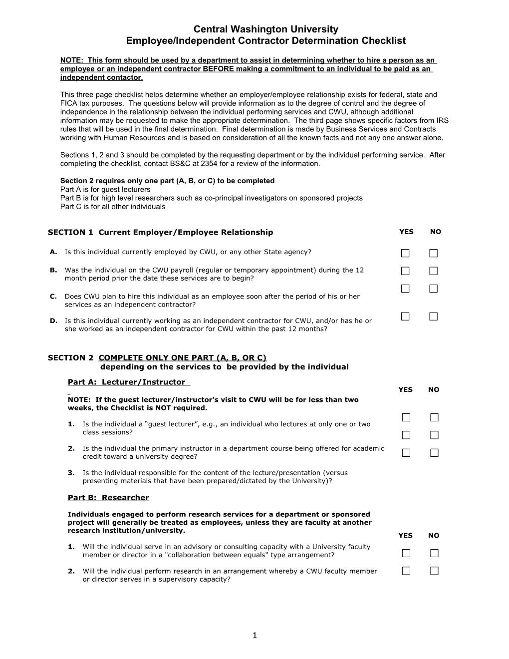 Employee/Independent Contractor Determination Checklist