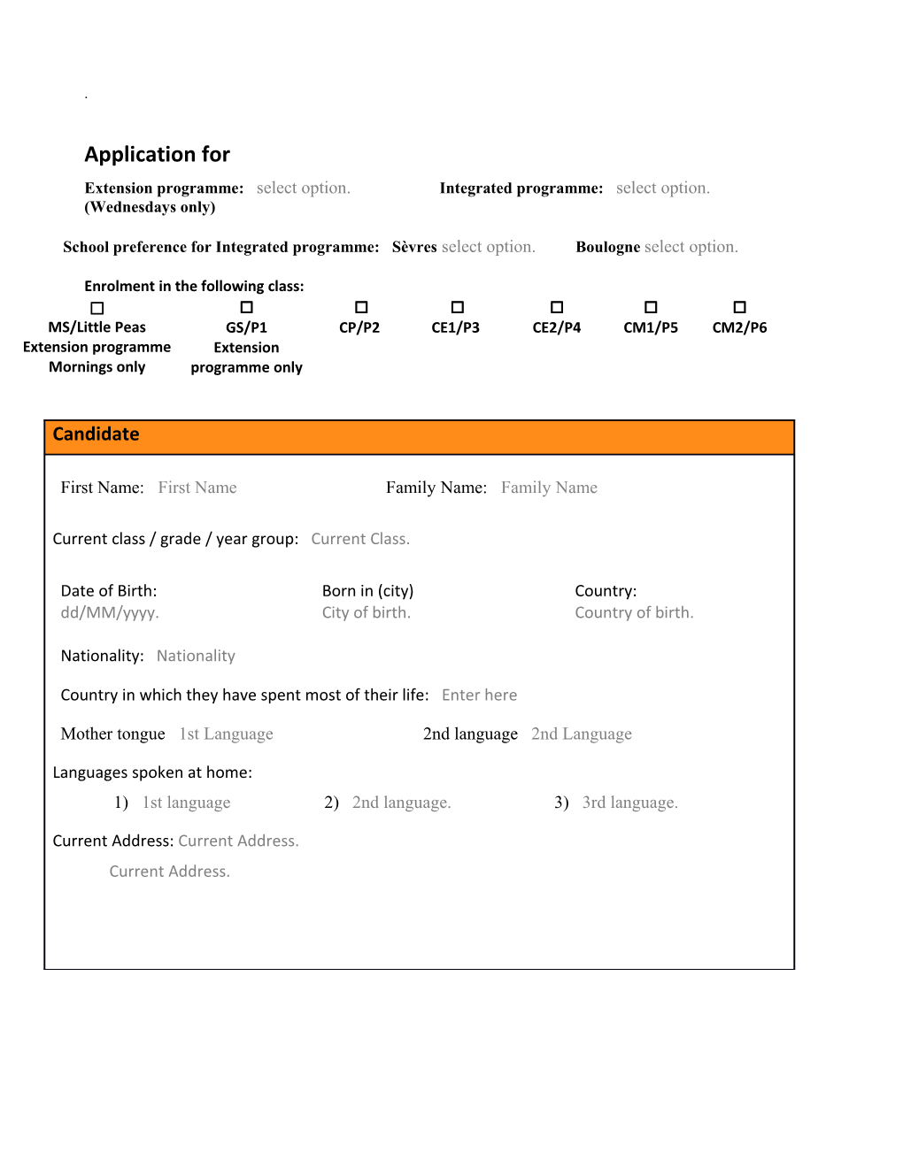 English Primary School Entry Test Enrolment Form 2018 2019