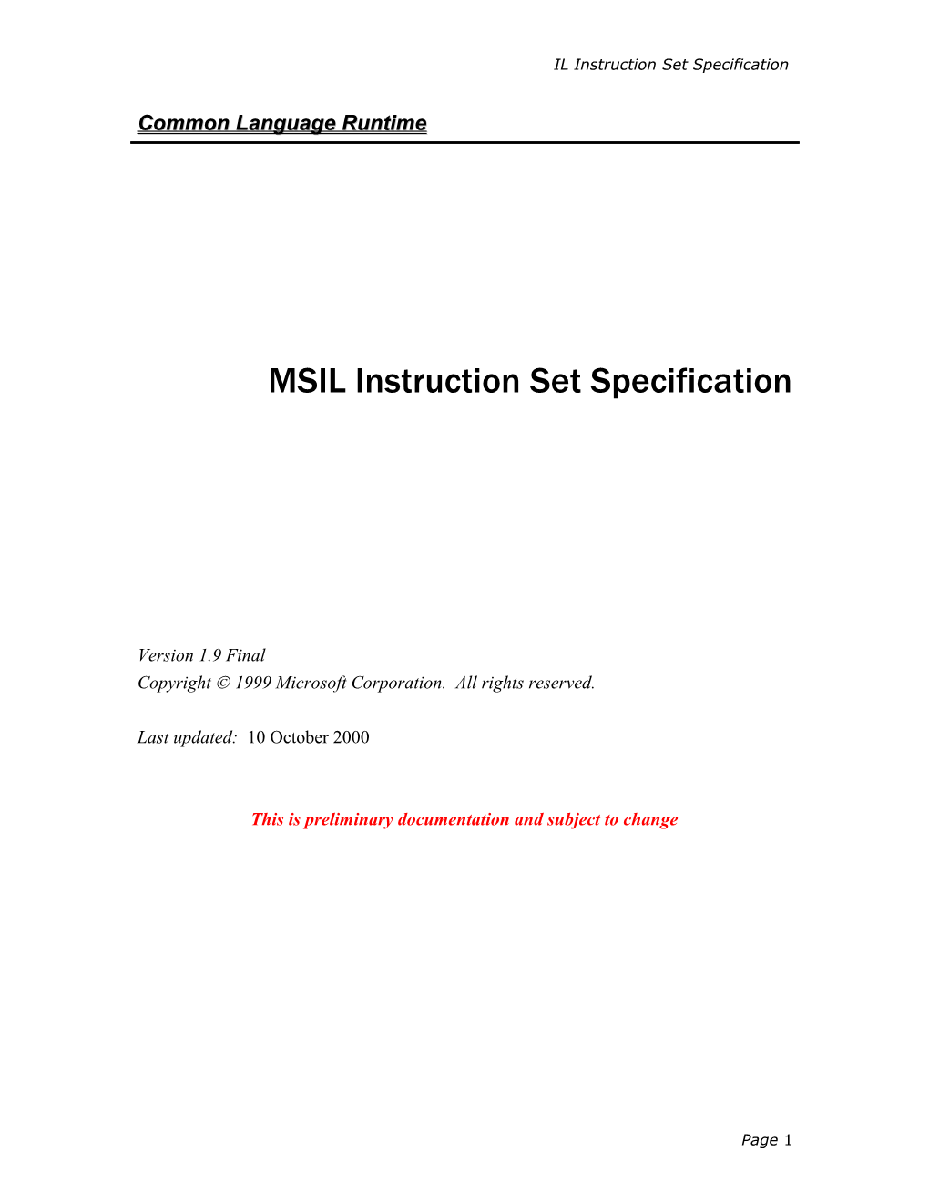 IL Instruction Set Specification