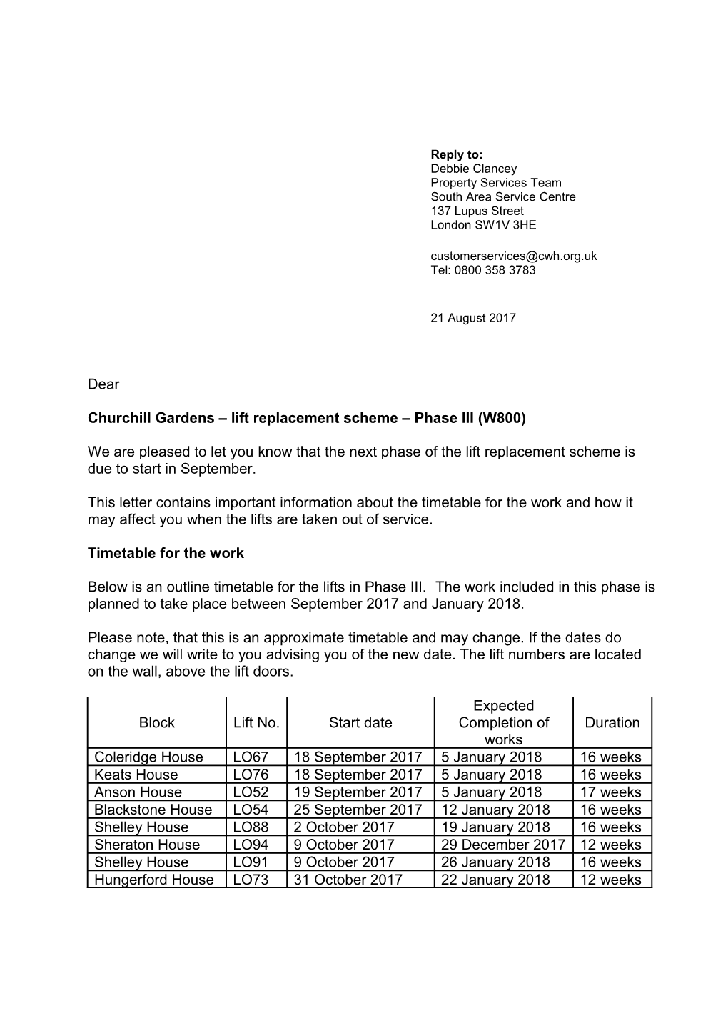 Churchill Gardens Lift Replacement Scheme Phase III (W800)