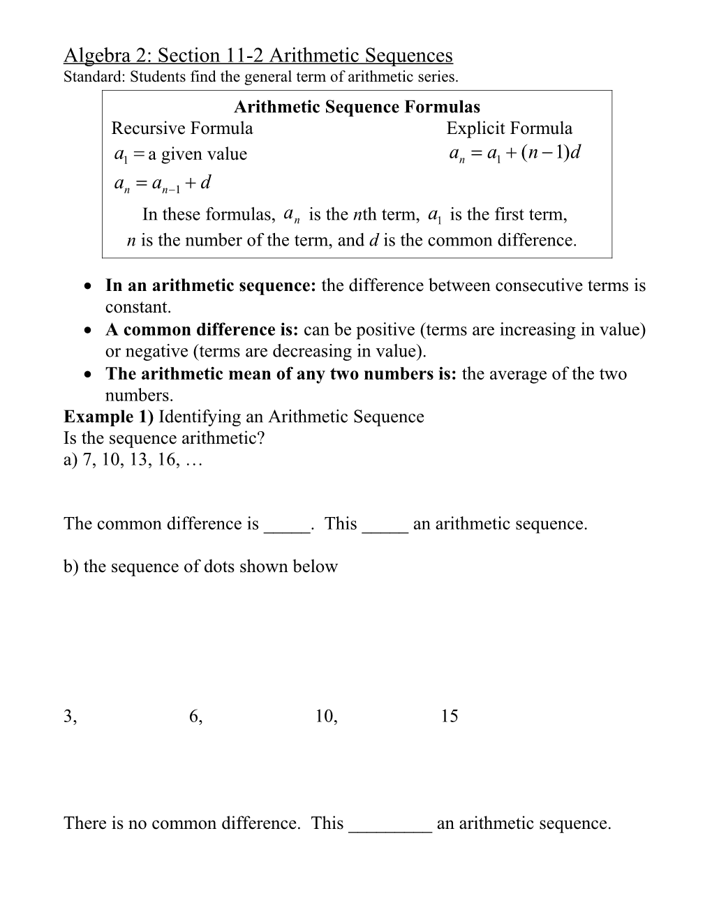 Algebra 2: Section 11-2 Arithmetic Sequences