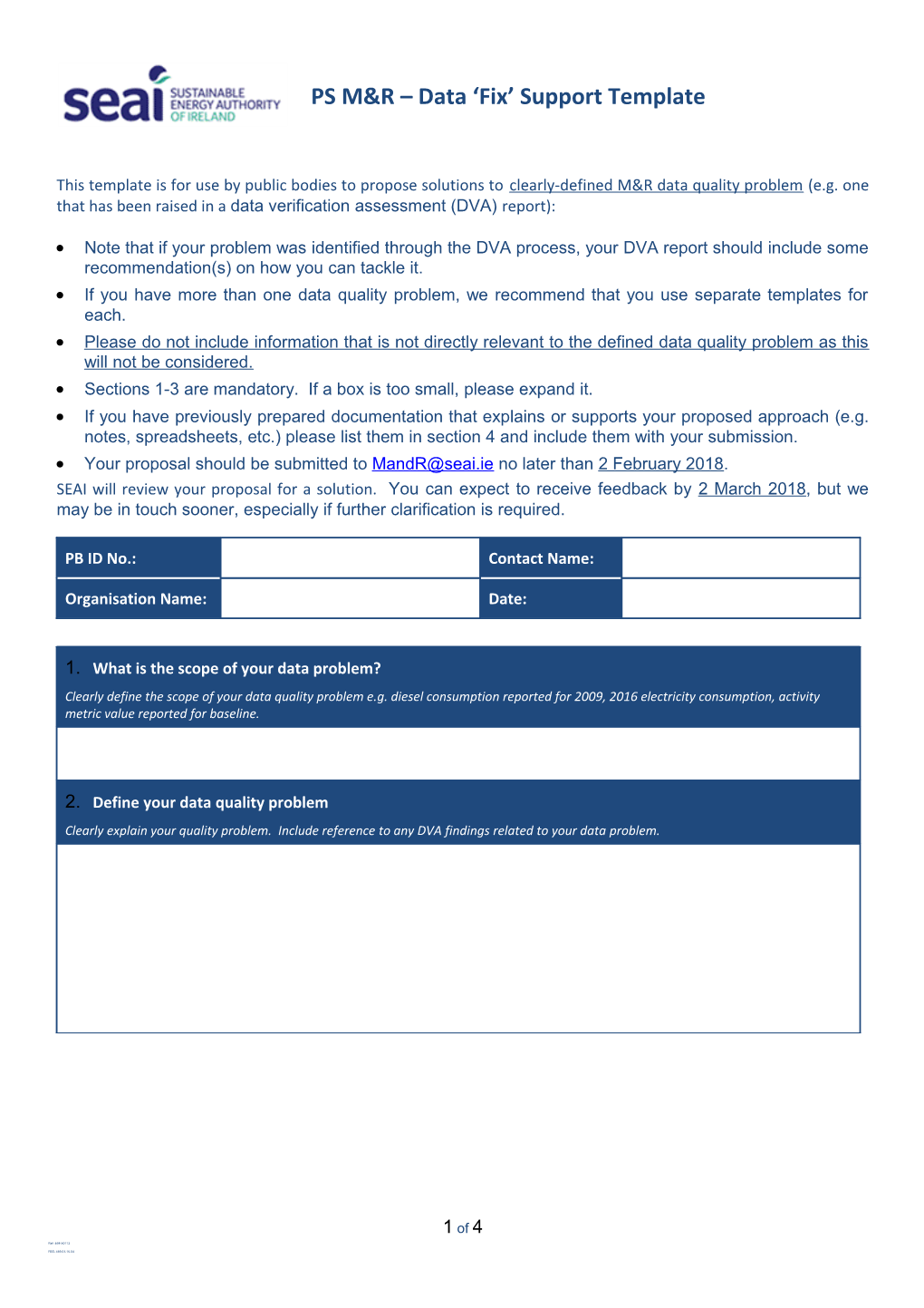 This Template Is for Use by Public Bodies to Propose Solutions to Clearly-Defined M&R Data