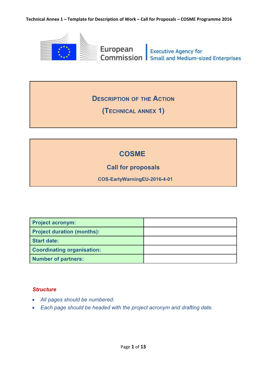 Technical Annex 1 Template for Description of Work Call for Proposals COSME Programme 2016