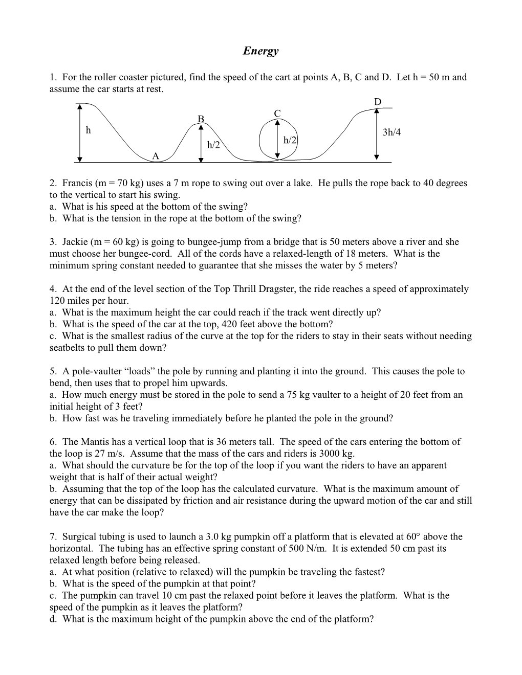 In-Class Work and Energy Questions