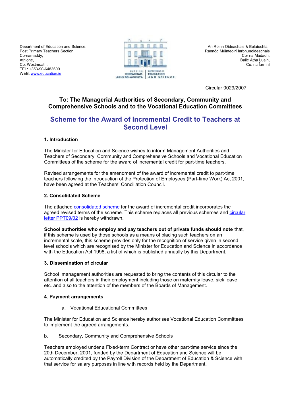 Circular 0029/2007 - Scheme for the Award of Incremental Credit to Teachers at Second Level