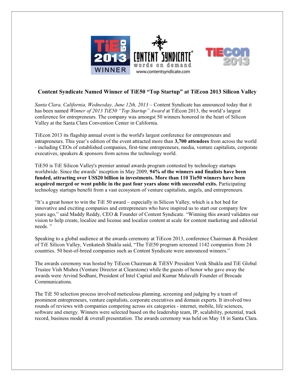 XXX Named Winner of 2013 Tie50 Top Startup at Tiecon 2013