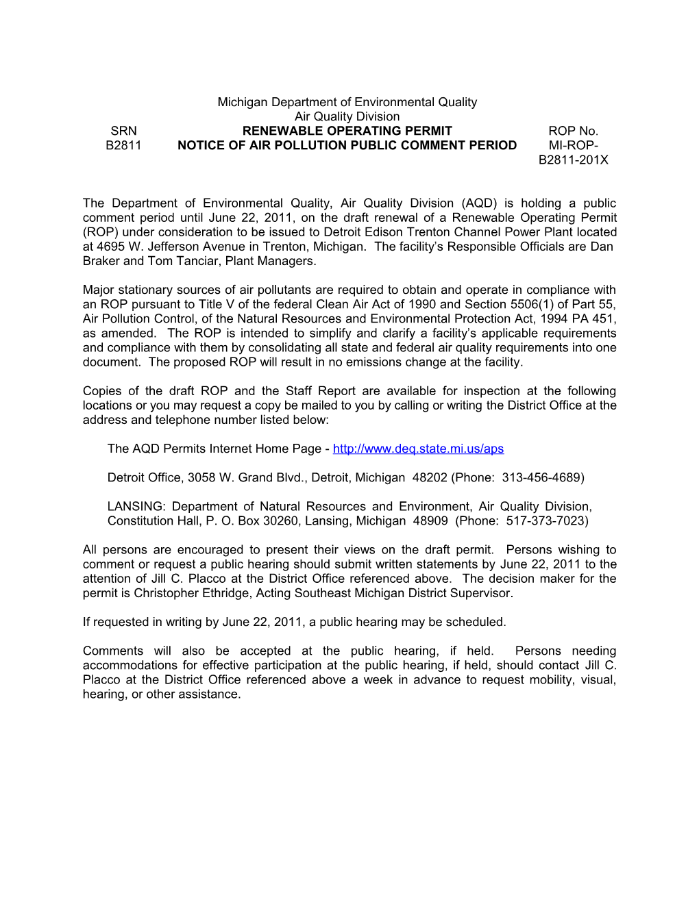 Notice of Air Pollution Public Comment Period for Ro Permit (Unlikely That Public Hearing