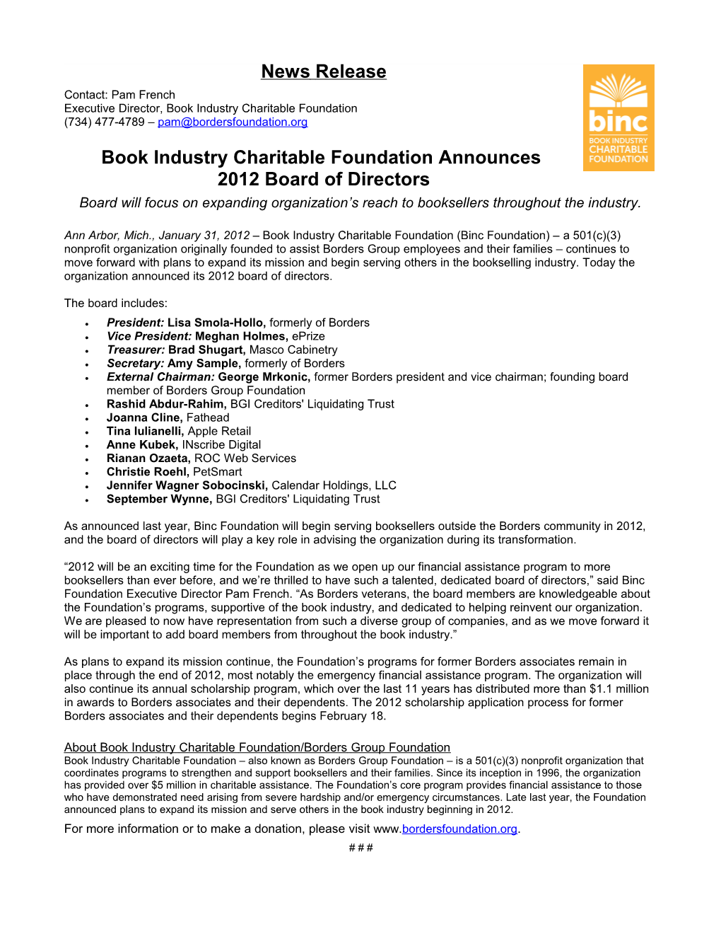 Executive Director, Book Industry Charitable Foundation