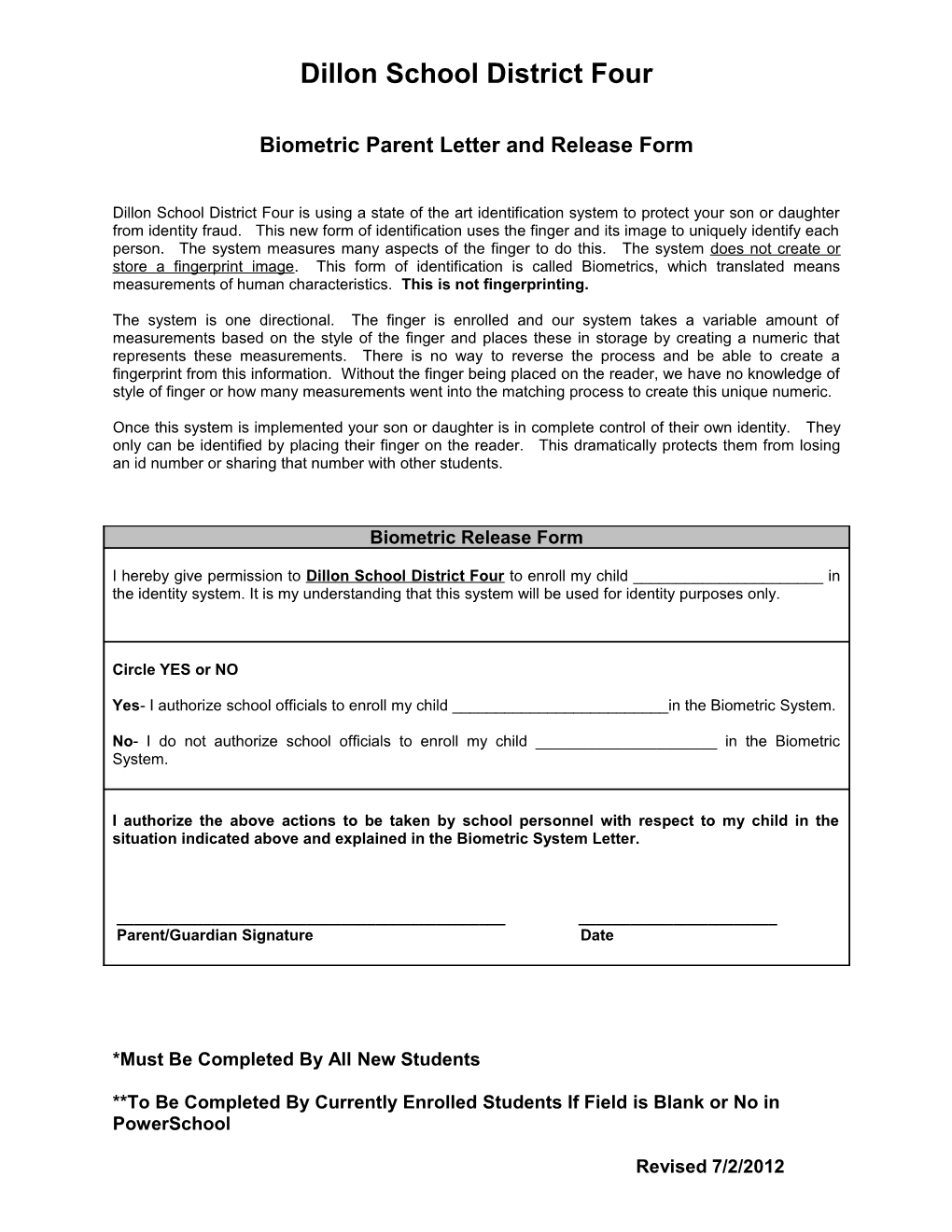 Biometric Parent Letter and Release Form